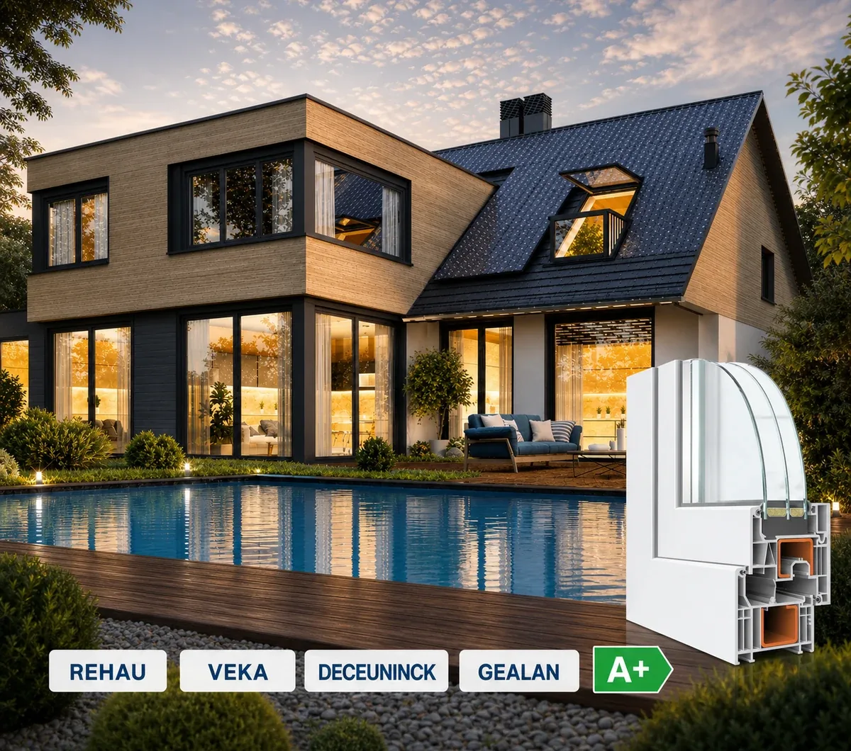 Maison moderne avec menuiserie PVC Paris, profil triple vitrage et classe énergétique A+