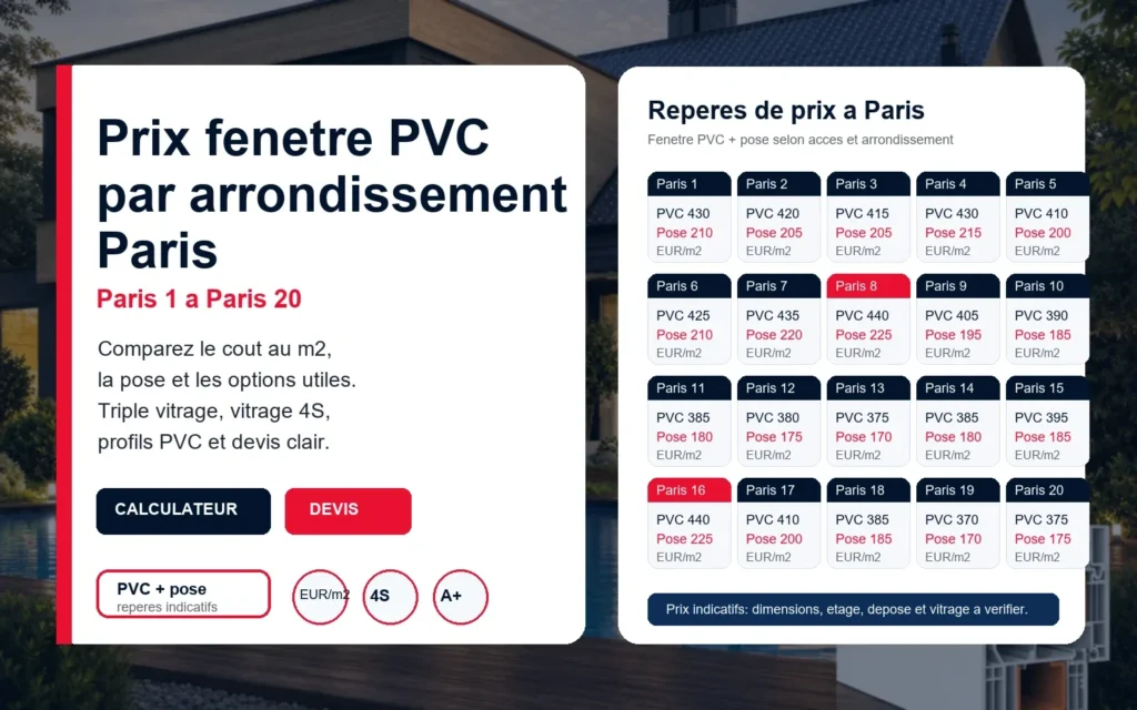Guide prix fenêtre PVC par arrondissement à Paris avec coût au mètre carré et pose